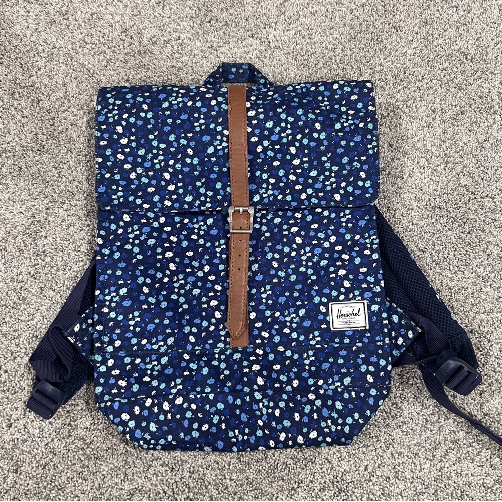 Herschel Supply Company Blue Brown Floral Canvas Flap Magnetic Closure Backpack
